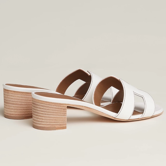 Hermes Oasis White Block Heel Sandals Sz 5 leather open toe - Picture 4 of 10